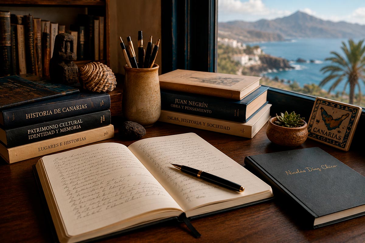 Escritorio de trabajo con libros y cuaderno que representa el espacio de creación literaria de Nicolás Díaz Chico